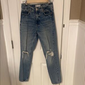 Zara Blue Straight Leg Jeans with Distressed Details